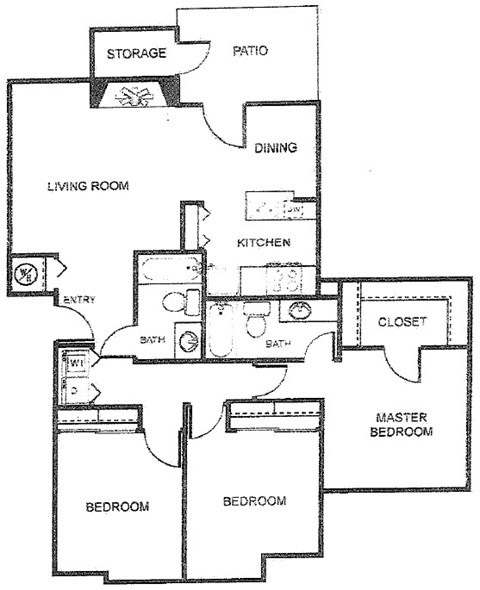Floor plan for 3 beds, 2 baths, 1200 sqft